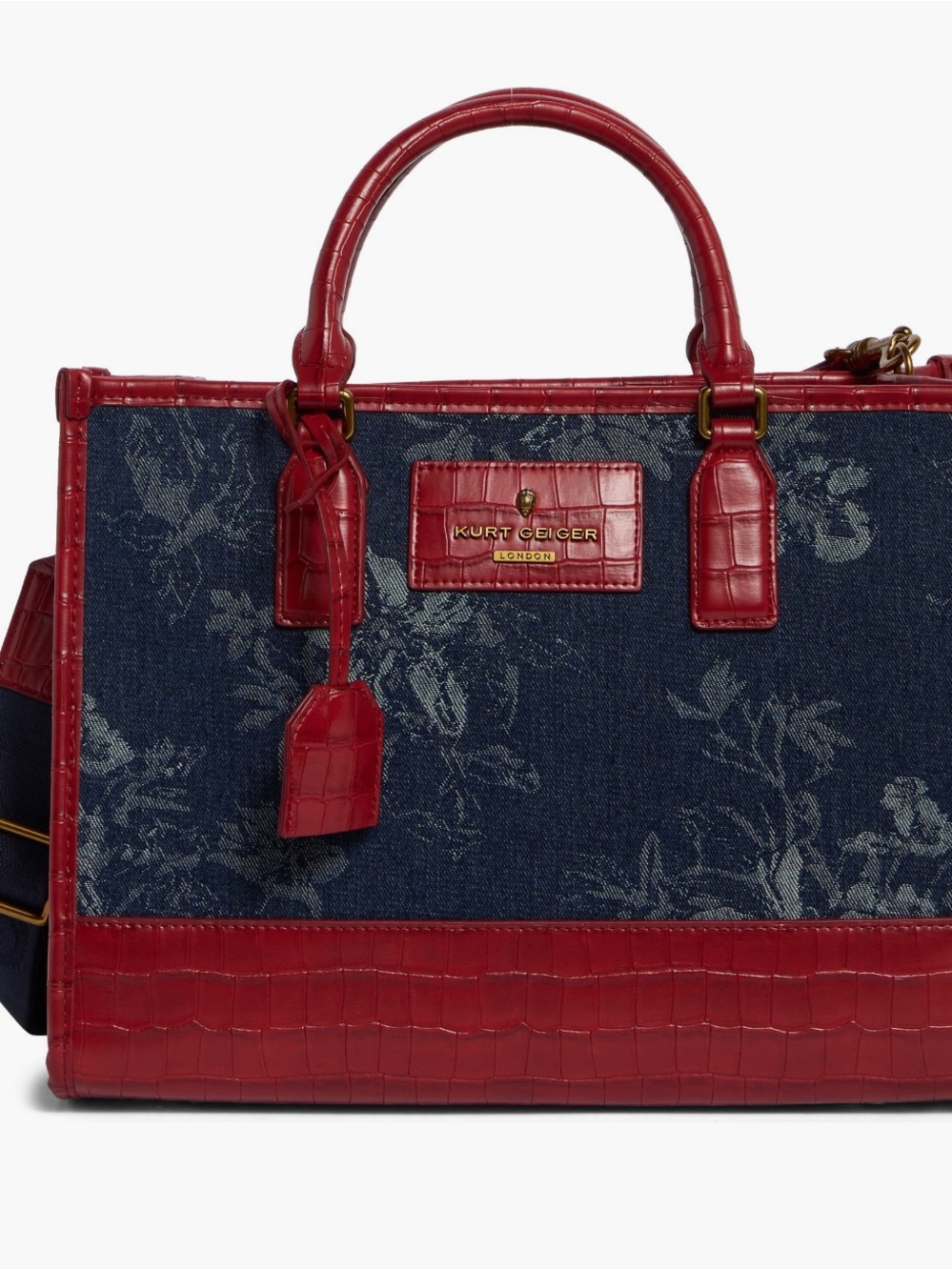 Kurt Geiger Navy Floral Denim Tote with Red Croc-Effect Trim